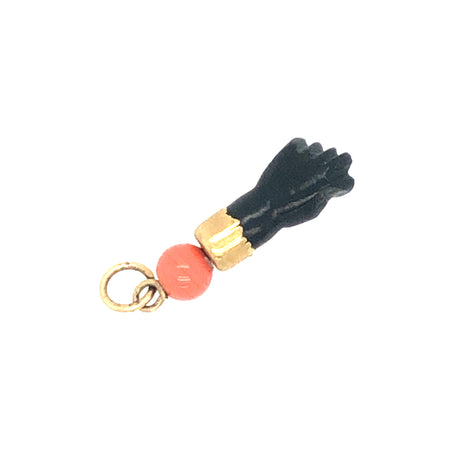 14ct Gold, Oynx &  Coral Figa Hand Pendant