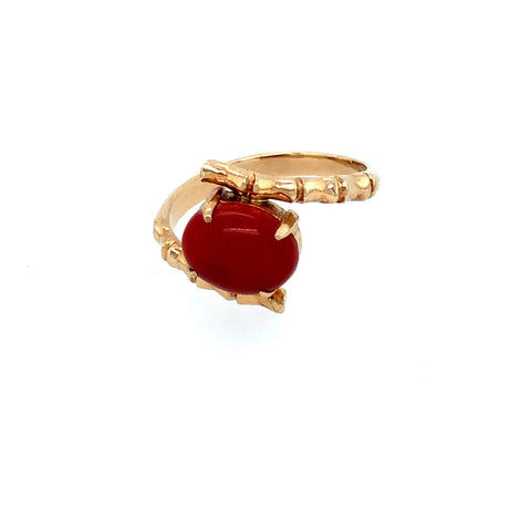 14k Yellow Gold Coral Ring with Bamboo Design The Vintage Jewellery Company