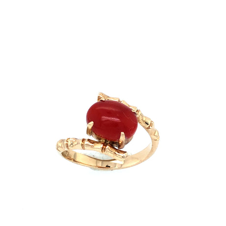 14k Yellow Gold Coral Ring with Bamboo Design The Vintage Jewellery Company