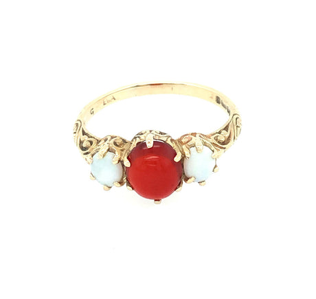 1970s 9k gold vintage ring set with white opal and fire opal The Vintage Jewellery Company