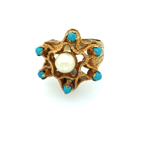 1970s Gold and Turquoise Flower Design Ring The Vintage Jewellery Company