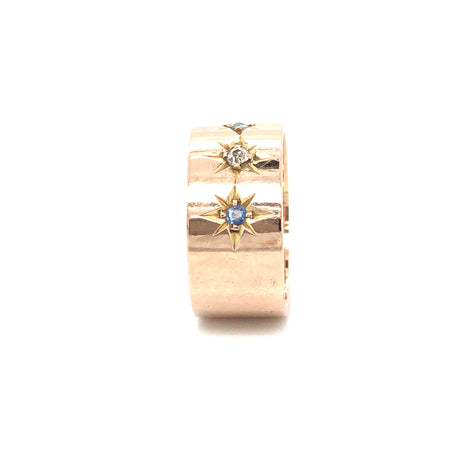 Antique 9ct Gold Cigar Band Ring with Diamond & Sapphires in Star Settings