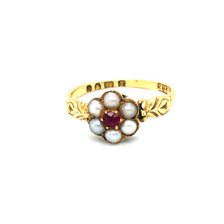 Victorian 18ct Gold, Ruby & Seed Pearl Cluster Ring