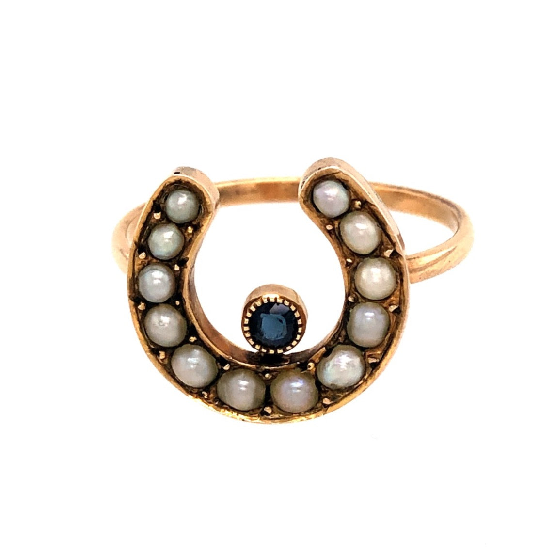 Victorian 15ct Gold, Sapphire and Seed Pearl Horseshoe Ring