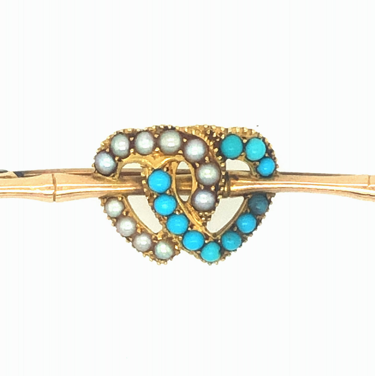 Late Victorian Gold, Pearl & Turquoise Double Heart Brooch